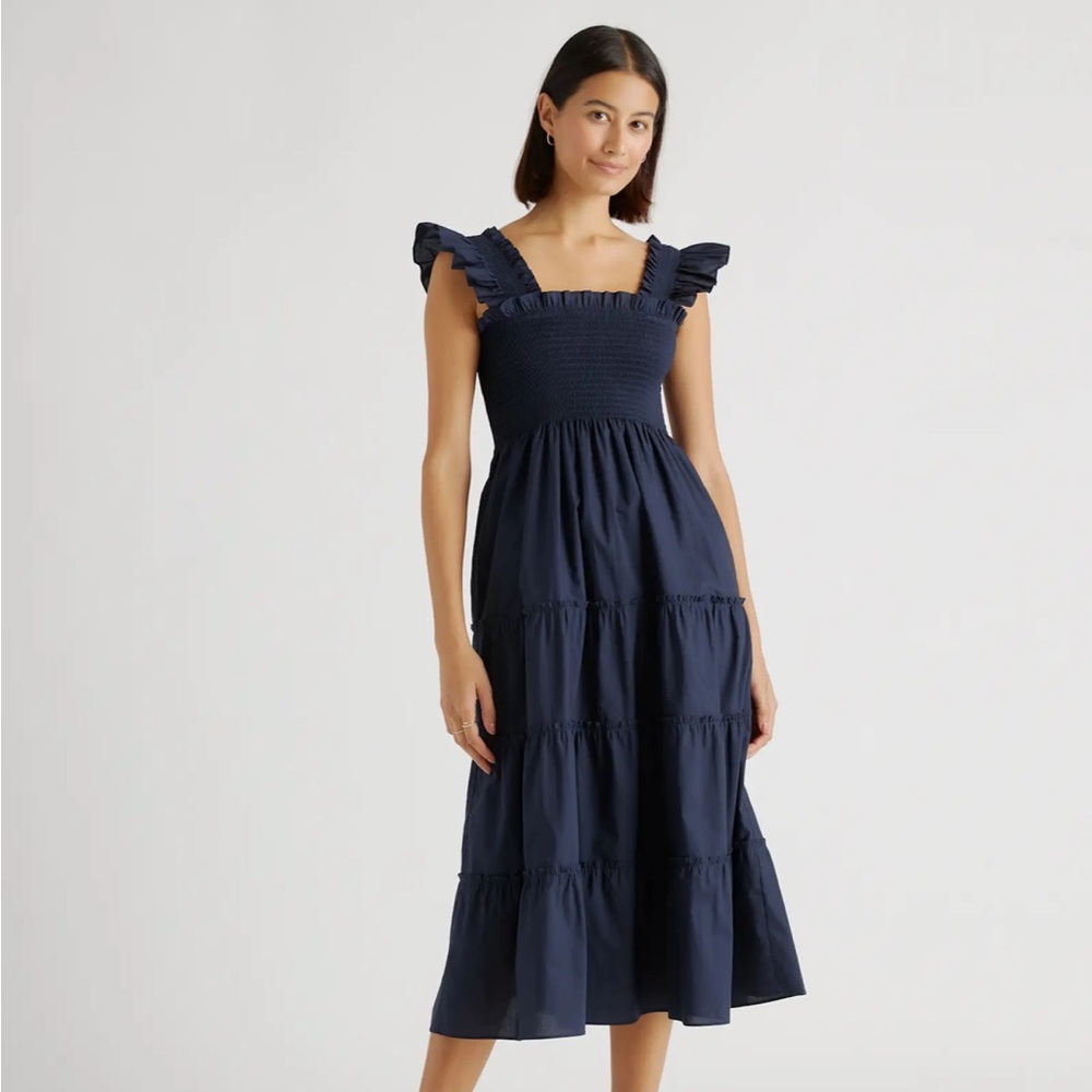 Quince navy 100% Organic Cotton Poplin Smocked Midi Dress size xl extra large